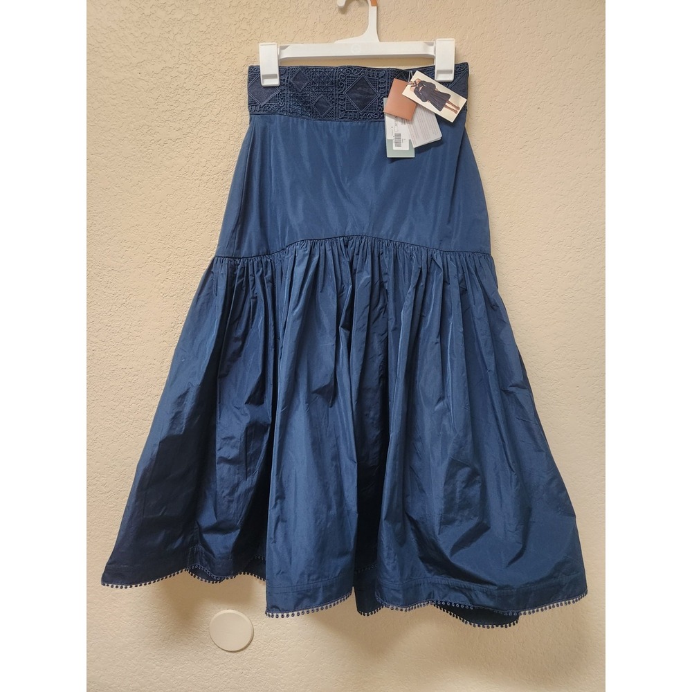 Silvia Tcherassi Women's Navy Blue Drop Waist Midi Skirt Size S - Waist Embroide